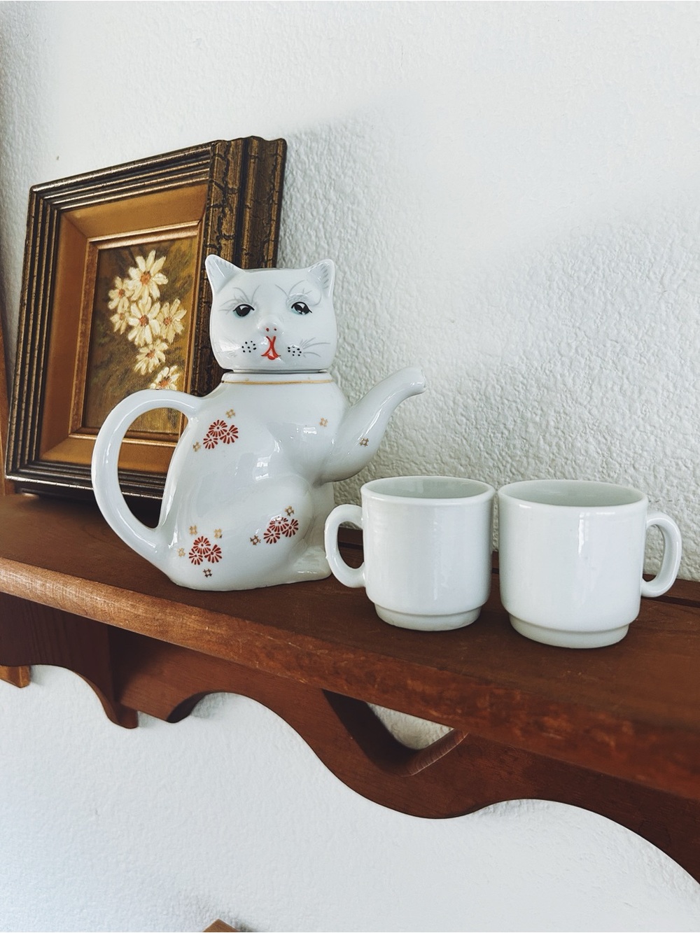 Vintage Ceramic Cat Teapot with Ceramic Cups/Whimsical Kitty Tea Set